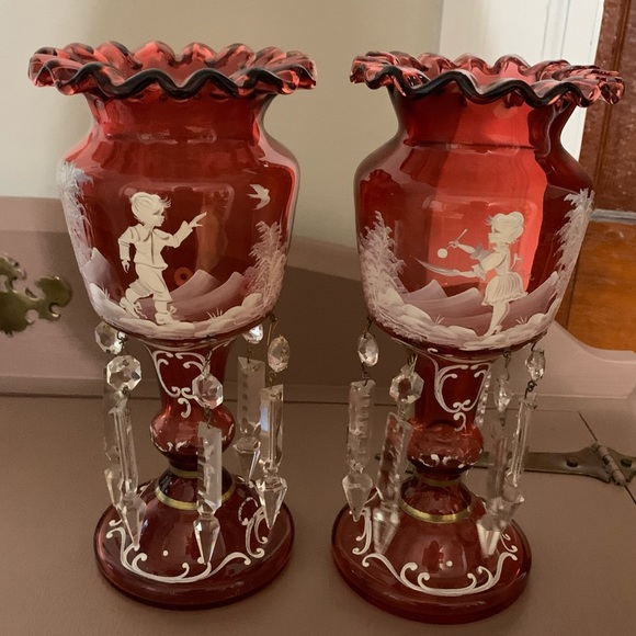 Victorian Mary Gregory Cranberry Glass Mantle LUSTRE Vases - Picture 7 of 11